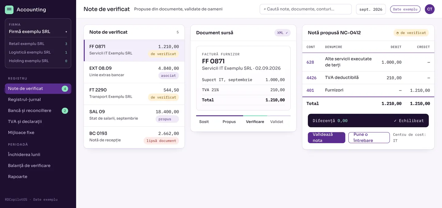RDCopilot Accounting, note de verificat: factura FF 0871 lângă nota propusă NC-0412 (628 și 4426 pe 401), diferență 0,00, cu selector pentru patru firme exemplu. Date exemplu.