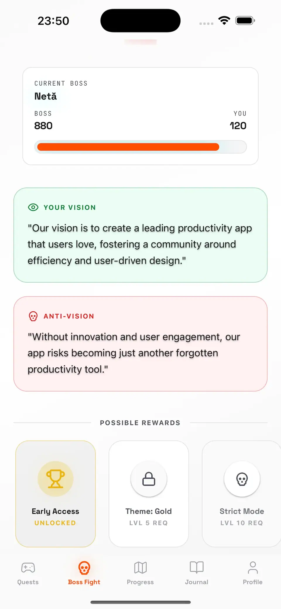 AntiVision monthly challenge screen with a progress bar, the user’s vision and an unlocked reward.