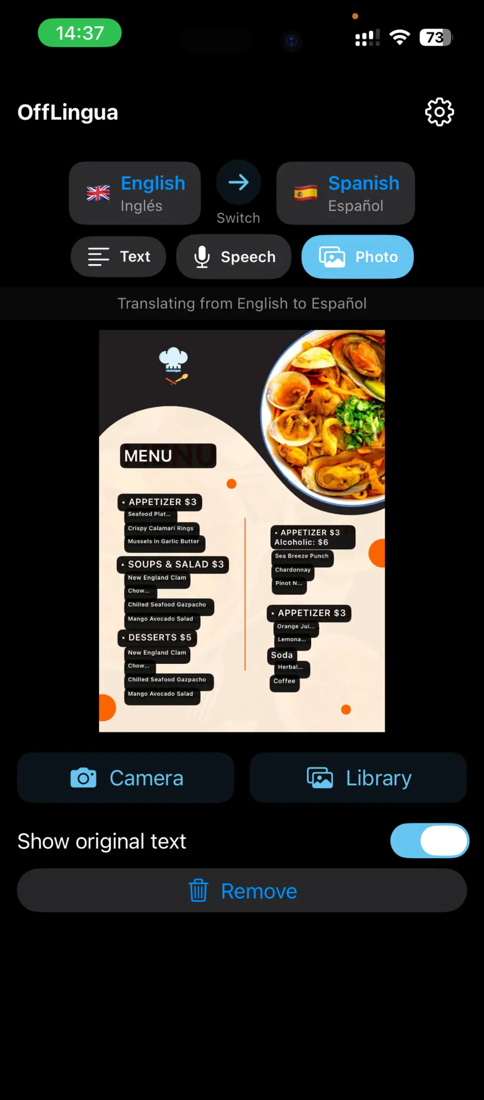 OffLingua photo mode: a printed restaurant menu ready to translate from English into Spanish, with Camera and Library buttons.