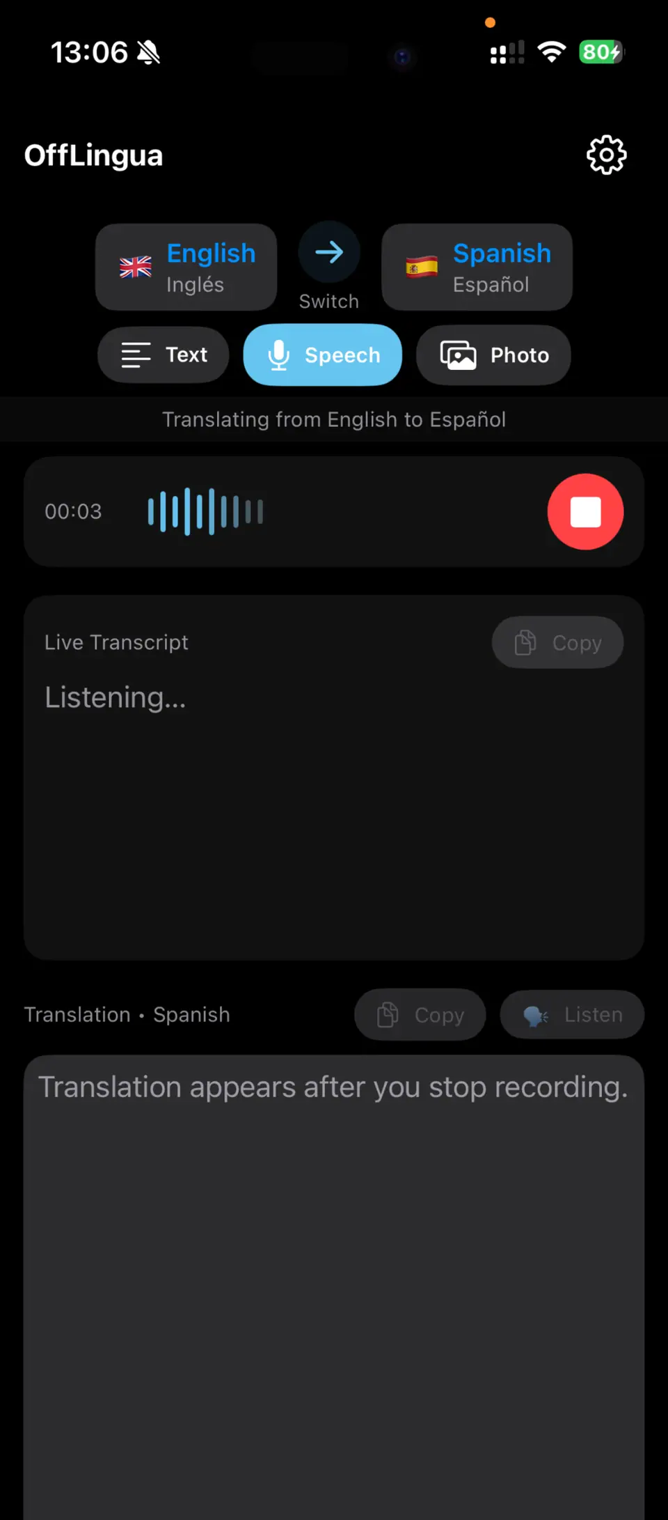 OffLingua speech mode recording English speech for translation into Spanish, without the cloud.