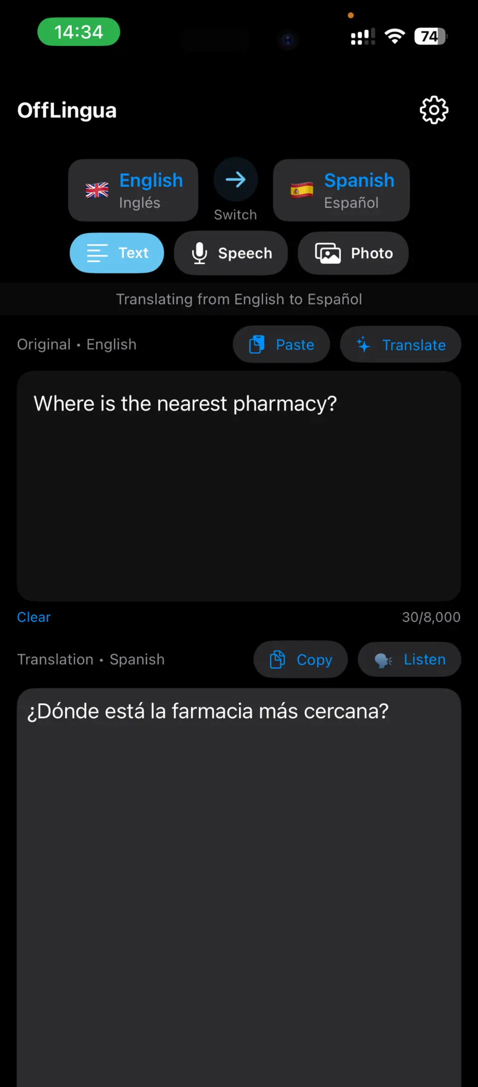 OffLingua on iPhone translating “Where is the nearest pharmacy?” from English into Spanish, on the device.