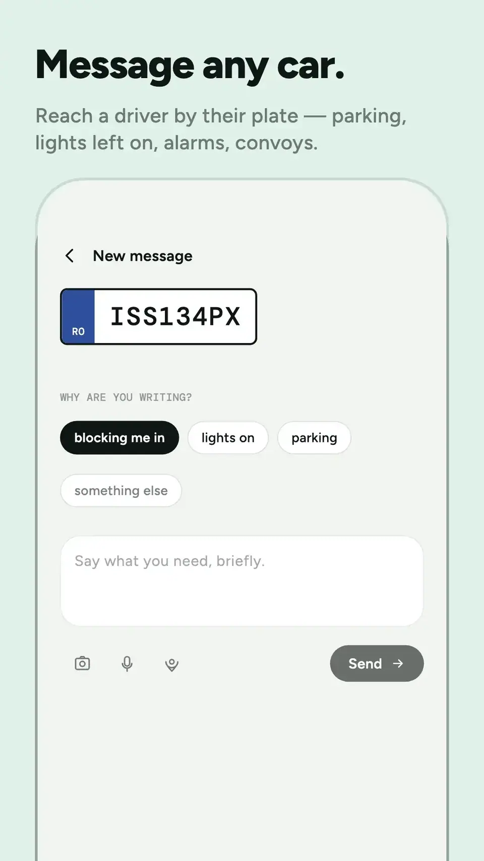 re:plyte store image showing the new message screen with a Romanian plate and reasons for contacting a driver.