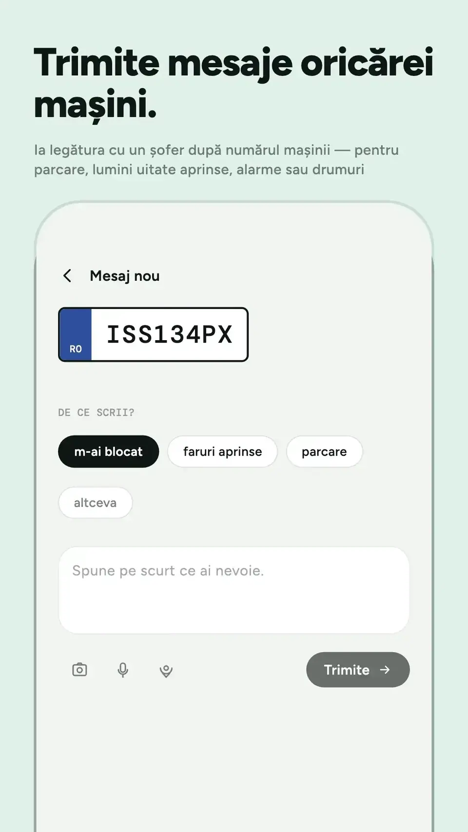 Imagine re:plyte pentru magazin, cu ecranul de mesaj nou, un număr românesc și motivele pentru a contacta un șofer.