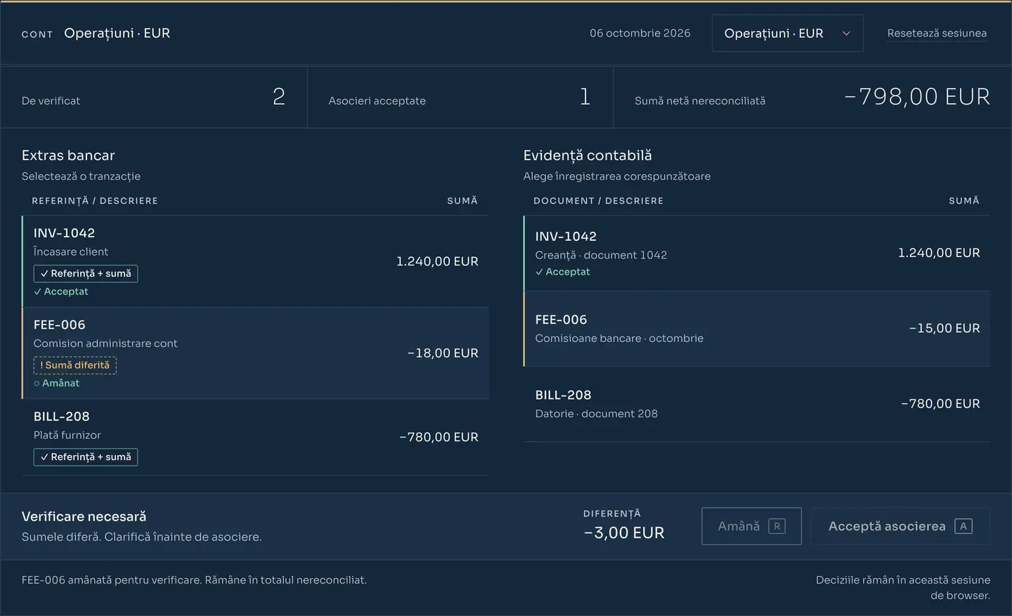 Biroul de reconciliere RDCopilot Banking cu date exemplu: INV-1042 acceptată, iar comisionul FEE-006 amânat pentru că sumele diferă cu 3,00 EUR