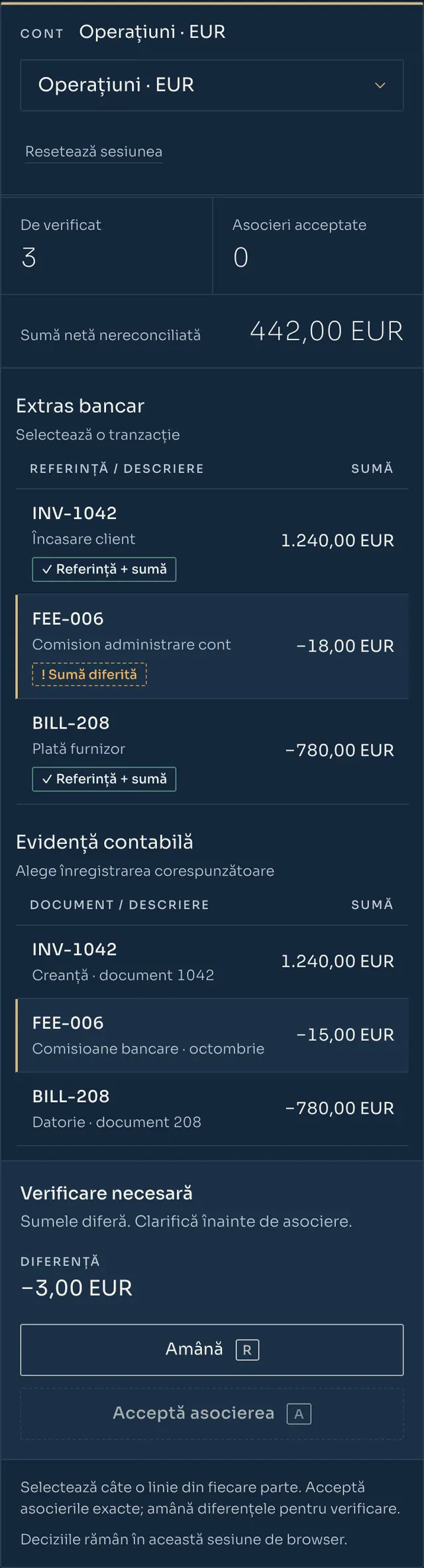 Biroul de reconciliere RDCopilot Banking pe telefon, date exemplu: linia de comision FEE-006 selectată și marcată „Sumă diferită”