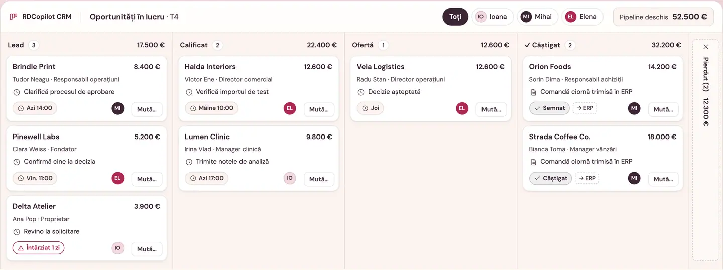 Exemplu de pipeline RDCopilot CRM: o oportunitate marcată câștigată și o comandă ciornă creată în RDCopilot ERP