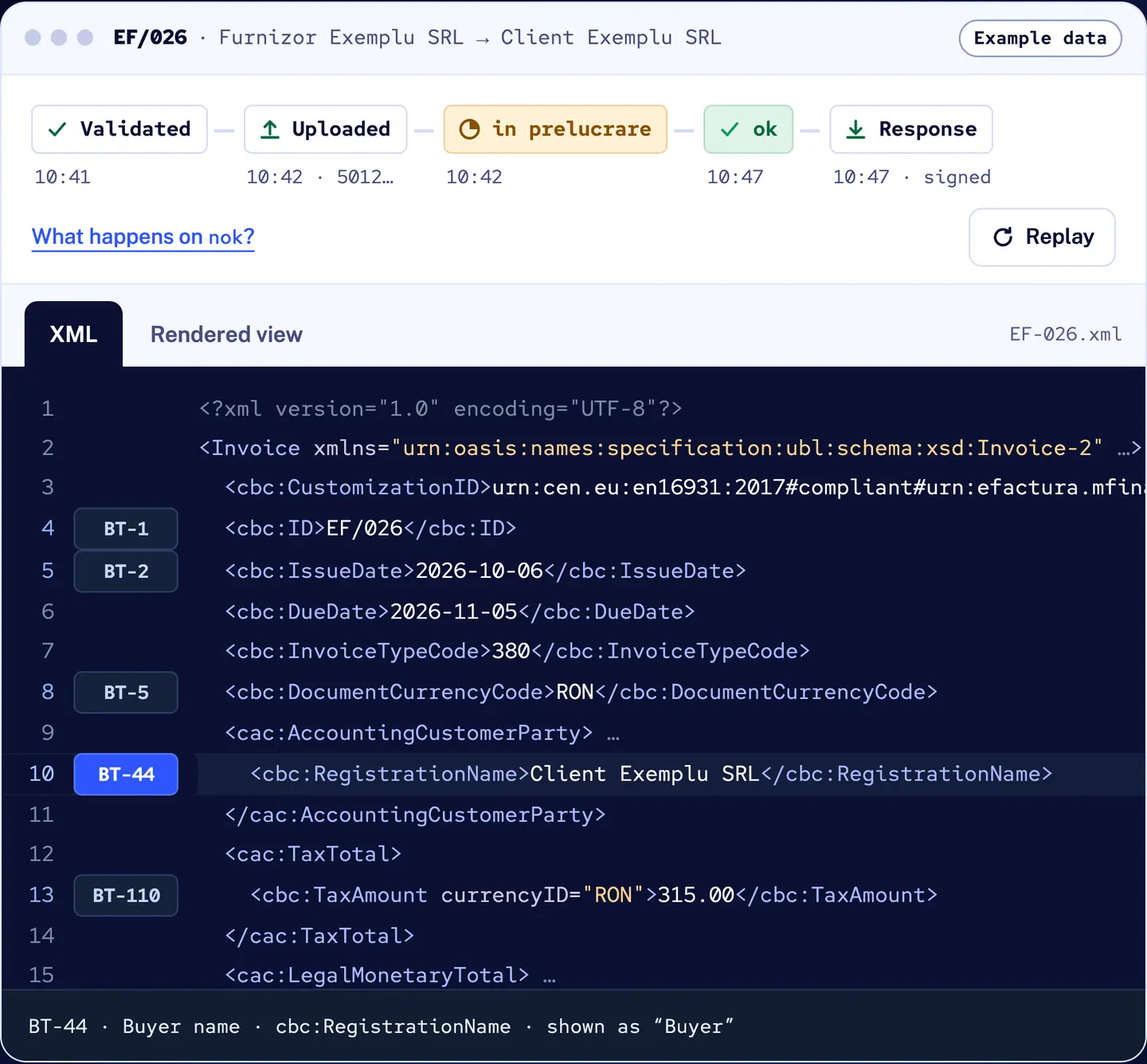 R&D COPILOT e-Factura: example invoice EF/026 with its status trail from validated to ok and the CIUS-RO XML, the Buyer name field (BT-44) selected