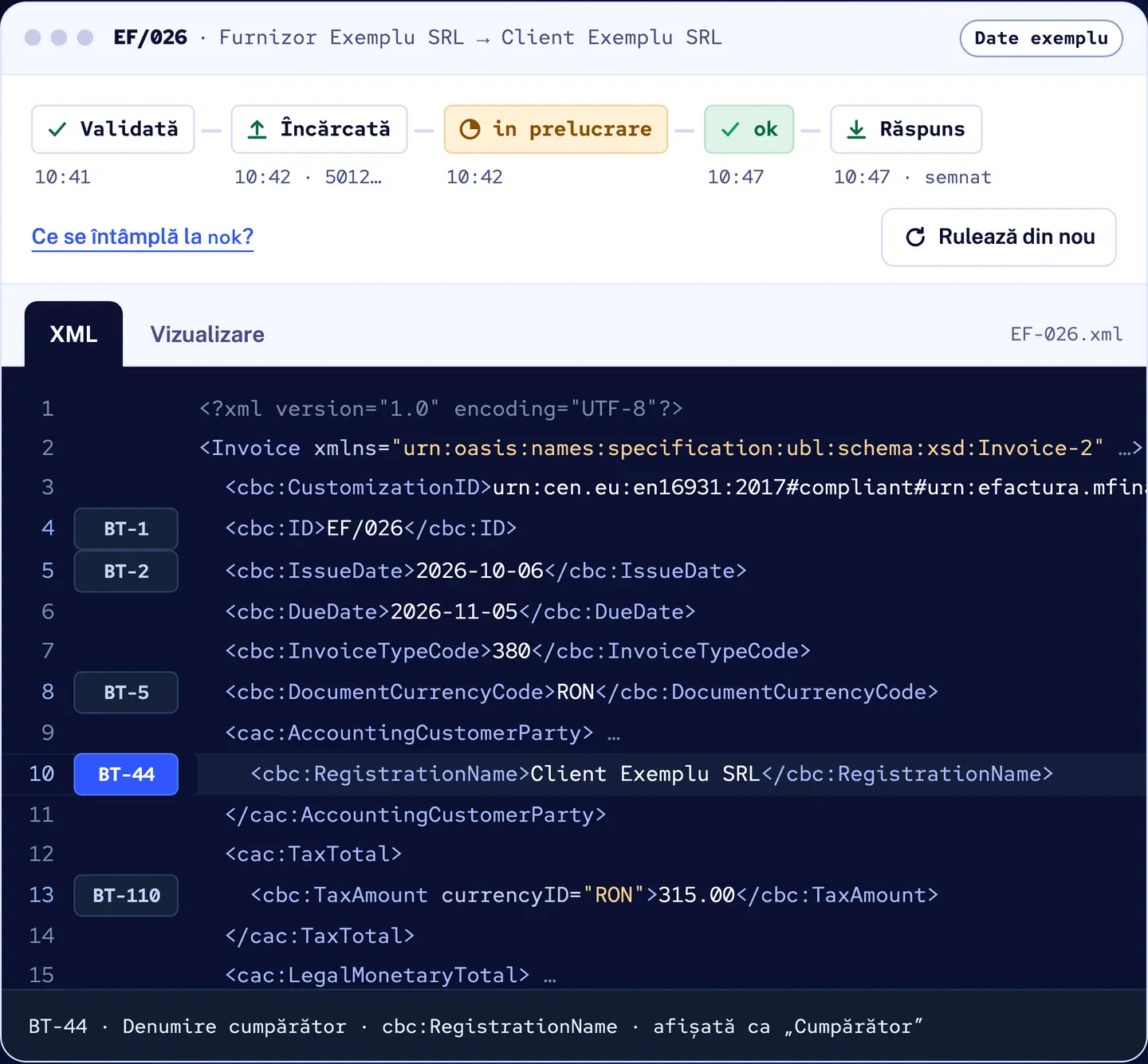 R&D COPILOT e-Factura: factura exemplu EF/026 cu traseul stărilor de la validată la ok și XML-ul CIUS-RO, cu câmpul Denumire cumpărător (BT-44) selectat