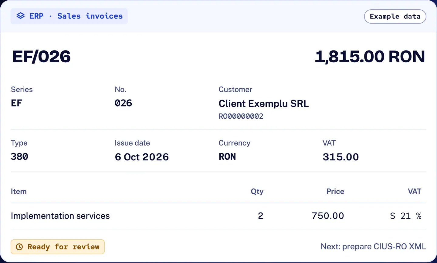 R&D COPILOT e-Factura: example sales invoice EF/026 in the ERP, 1,815.00 RON for Client Exemplu SRL, document type 380, ready for review before the CIUS-RO XML is prepared