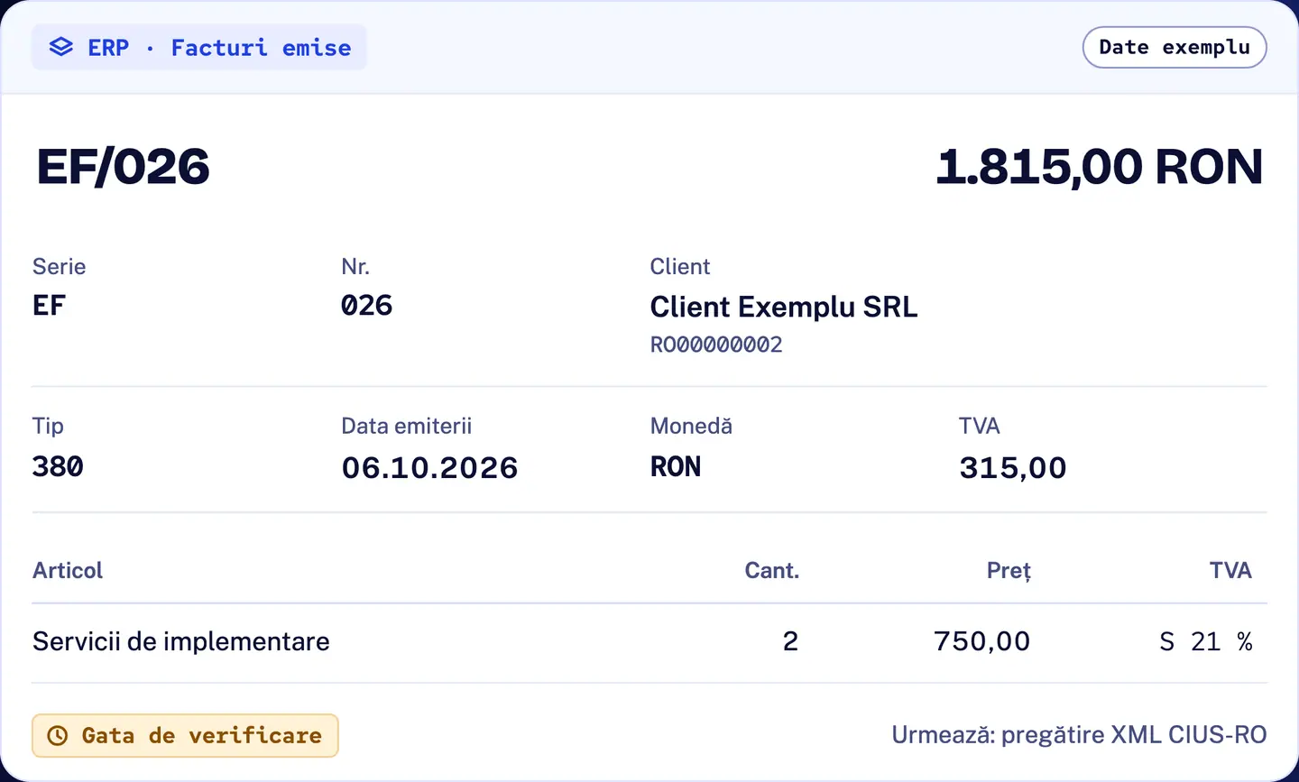 R&D COPILOT e-Factura: factura de vânzare exemplu EF/026 în ERP, 1.815,00 RON pentru Client Exemplu SRL, tip document 380, gata de verificare înainte de pregătirea XML-ului CIUS-RO