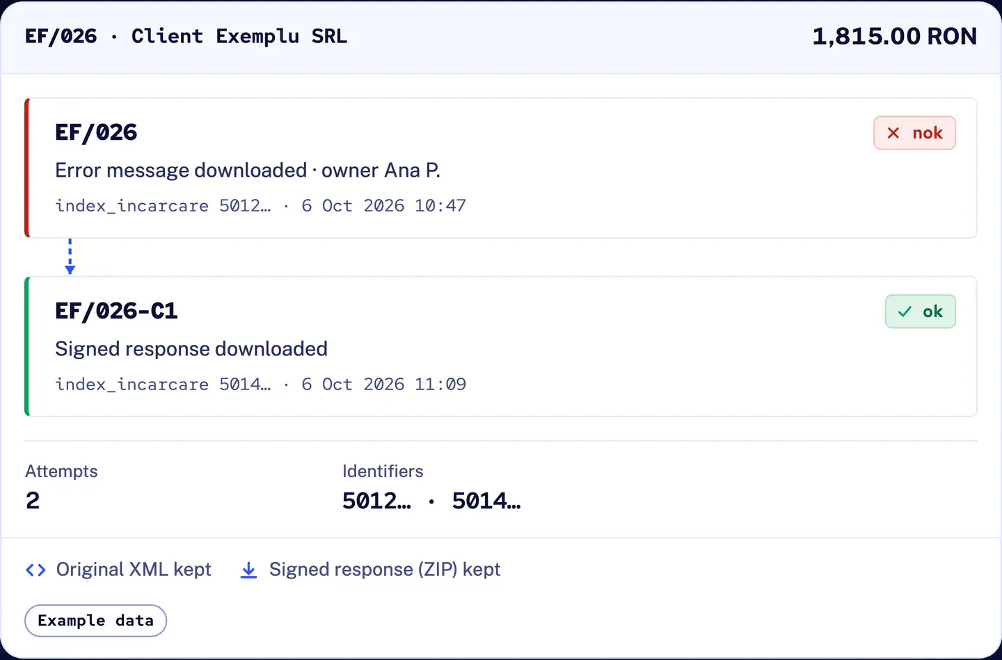 R&D COPILOT e-Factura: the history of invoice EF/026, the rejected original and the accepted correction EF/026-C1 linked together, with two upload identifiers, the original XML and the signed response kept