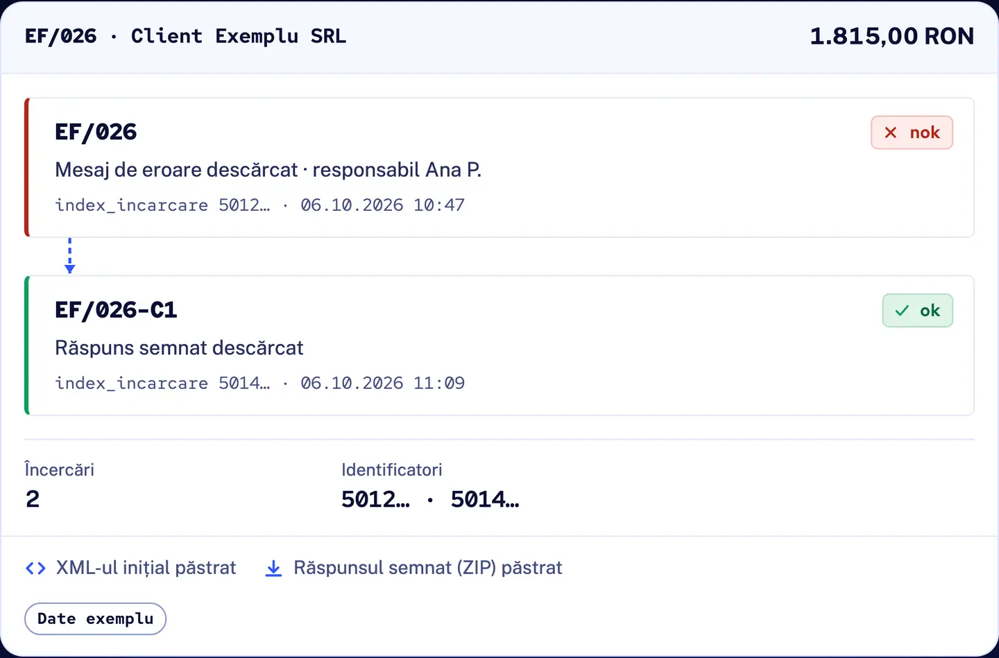 R&D COPILOT e-Factura: istoricul facturii EF/026, originalul respins și corecția acceptată EF/026-C1 legate, cu doi identificatori de încărcare, XML-ul inițial și răspunsul semnat păstrate