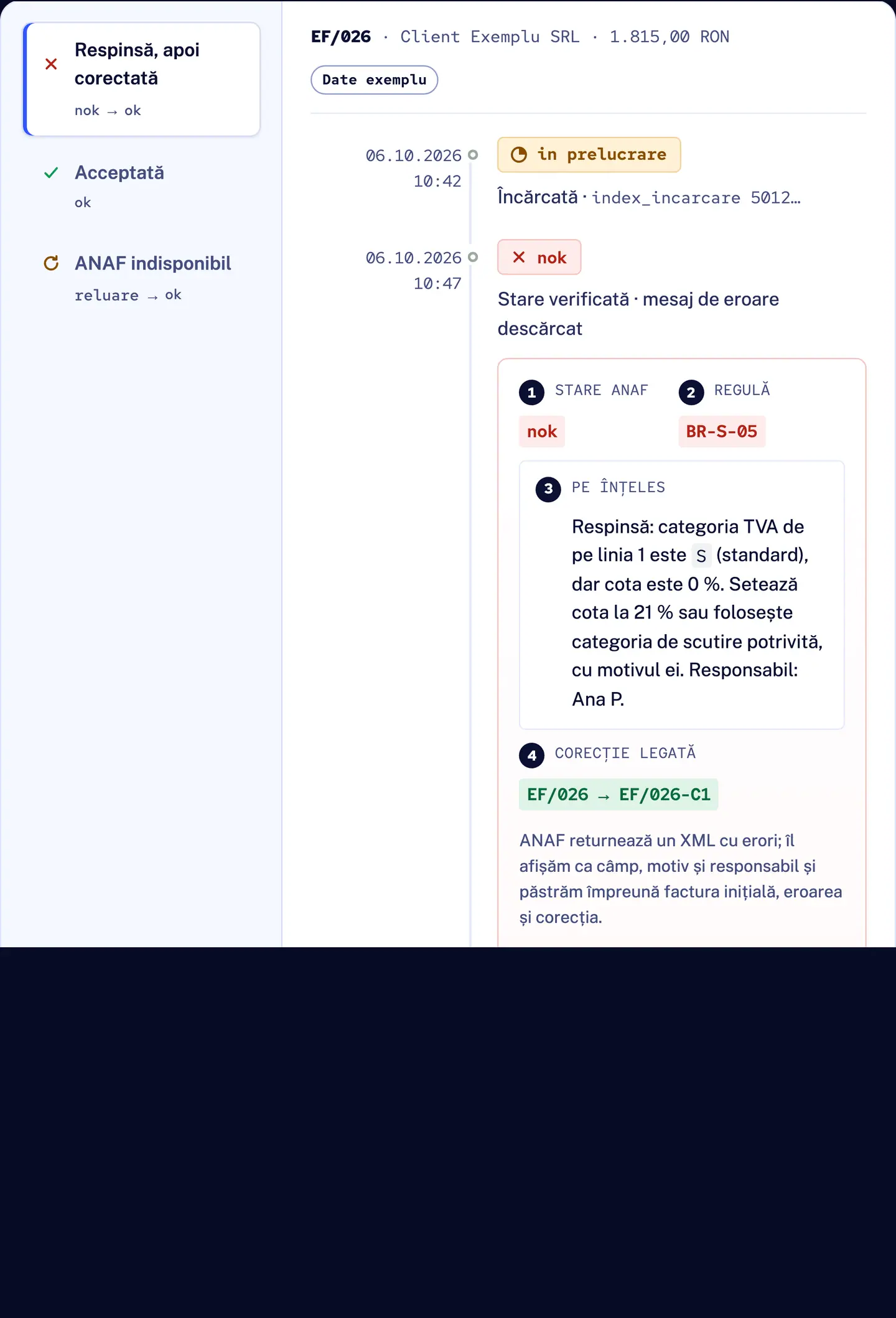 R&D COPILOT e-Factura: factura EF/026 respinsă de ANAF (nok), motivul explicat pe înțeles cu un responsabil, apoi corecția legată acceptată (ok)