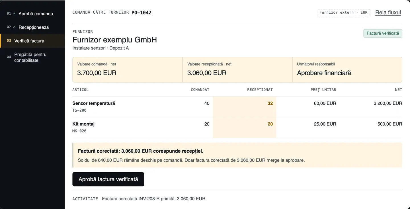 R&D COPILOT ERP: factura corectată INV-208-R potrivită cu recepția parțială, 3.060 din 3.700 EUR recepționați, pregătită pentru contabilitate, cu 8 senzori încă deschiși