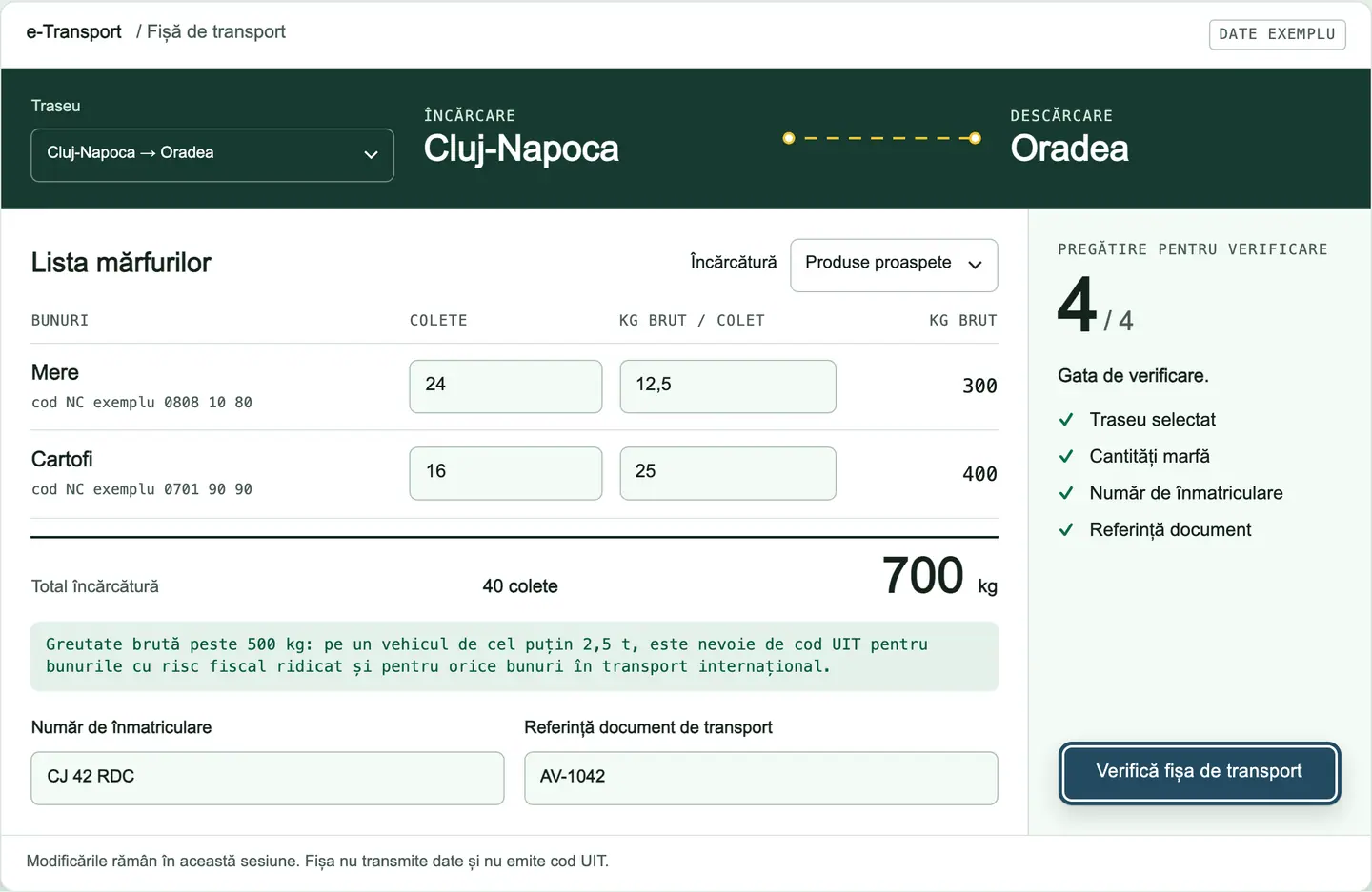Fișă de transport pe traseul Cluj-Napoca–Oradea: mere și cartofi, 40 de colete și 700 kg brut, vehiculul CJ 42 RDC completat și toate cele patru verificări bifate.