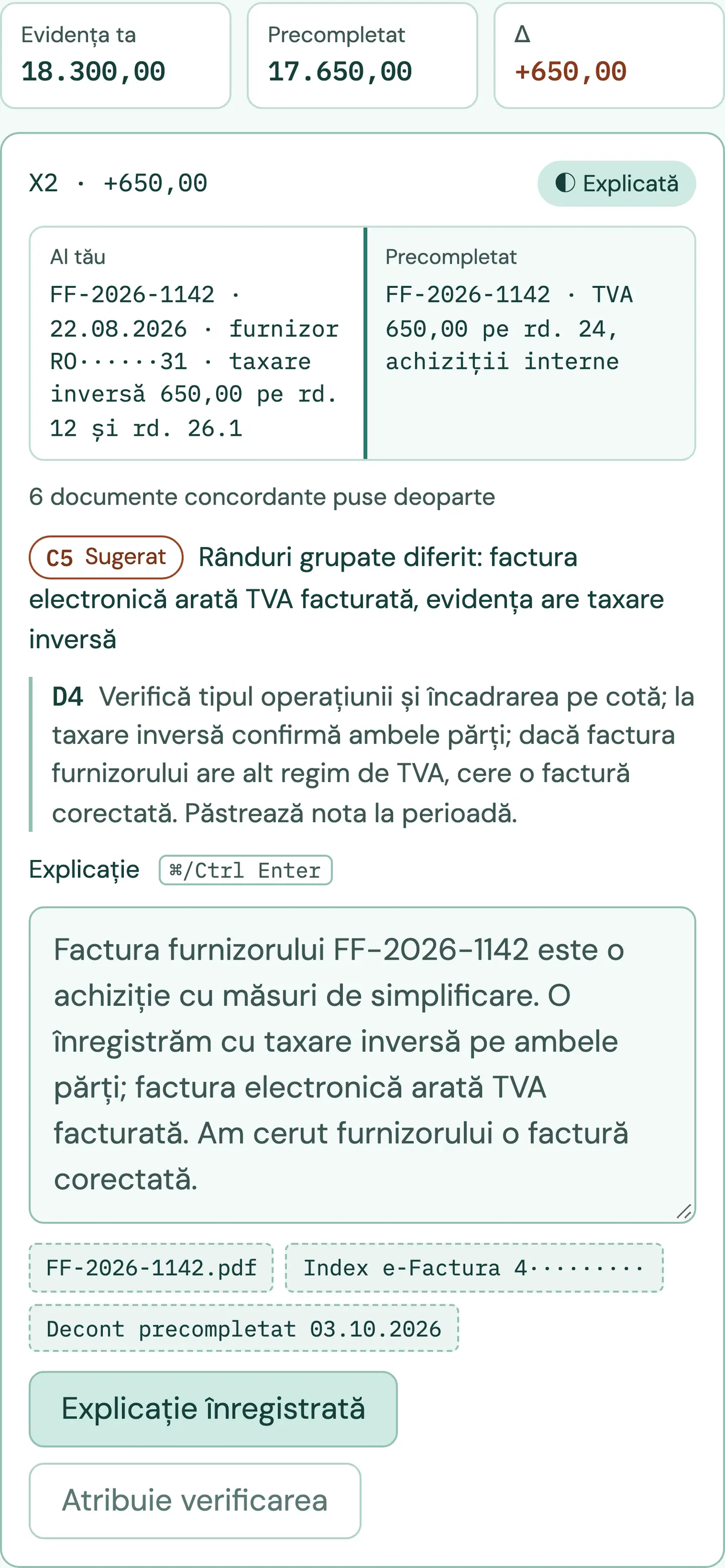 Detaliu al panoului e-TVA cu date exemplu pentru „rd. 12 · Achiziții cu taxare inversă, TVA colectată”, după înregistrarea explicației pentru diferența X2: X2 apare explicată, cu factura furnizorului FF-2026-1142 pe ambele părți, cauza sugerată „rânduri grupate diferit”, textul explicației și dovezile ei.