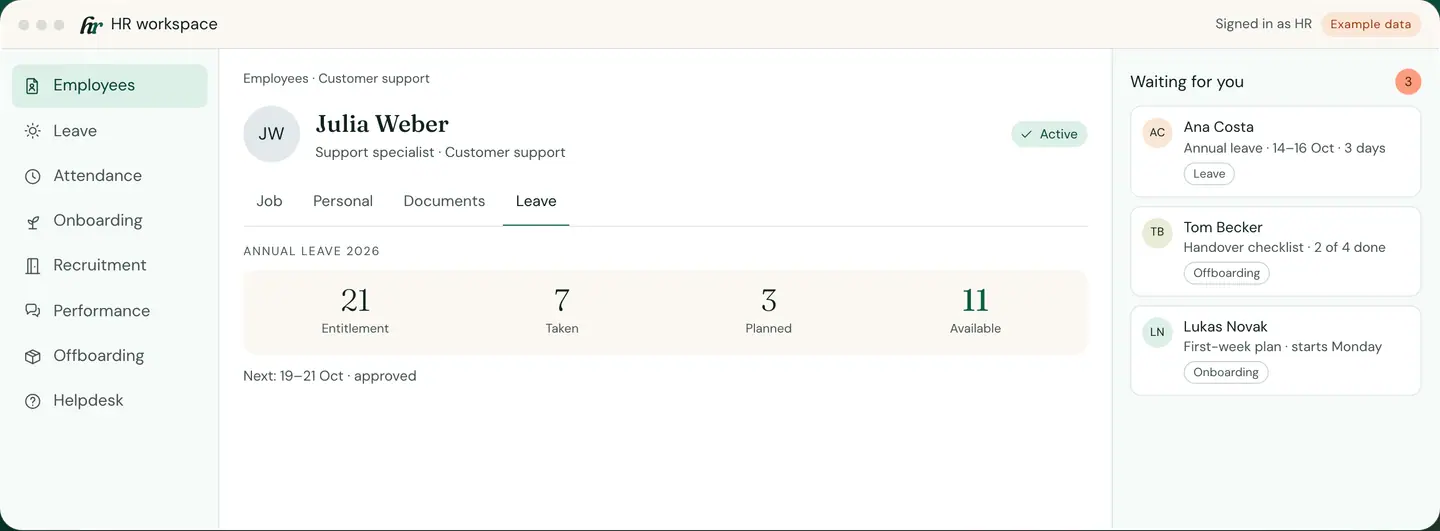 RDCopilot HR: an employee file open on the Leave tab, with balances and the approvals inbox