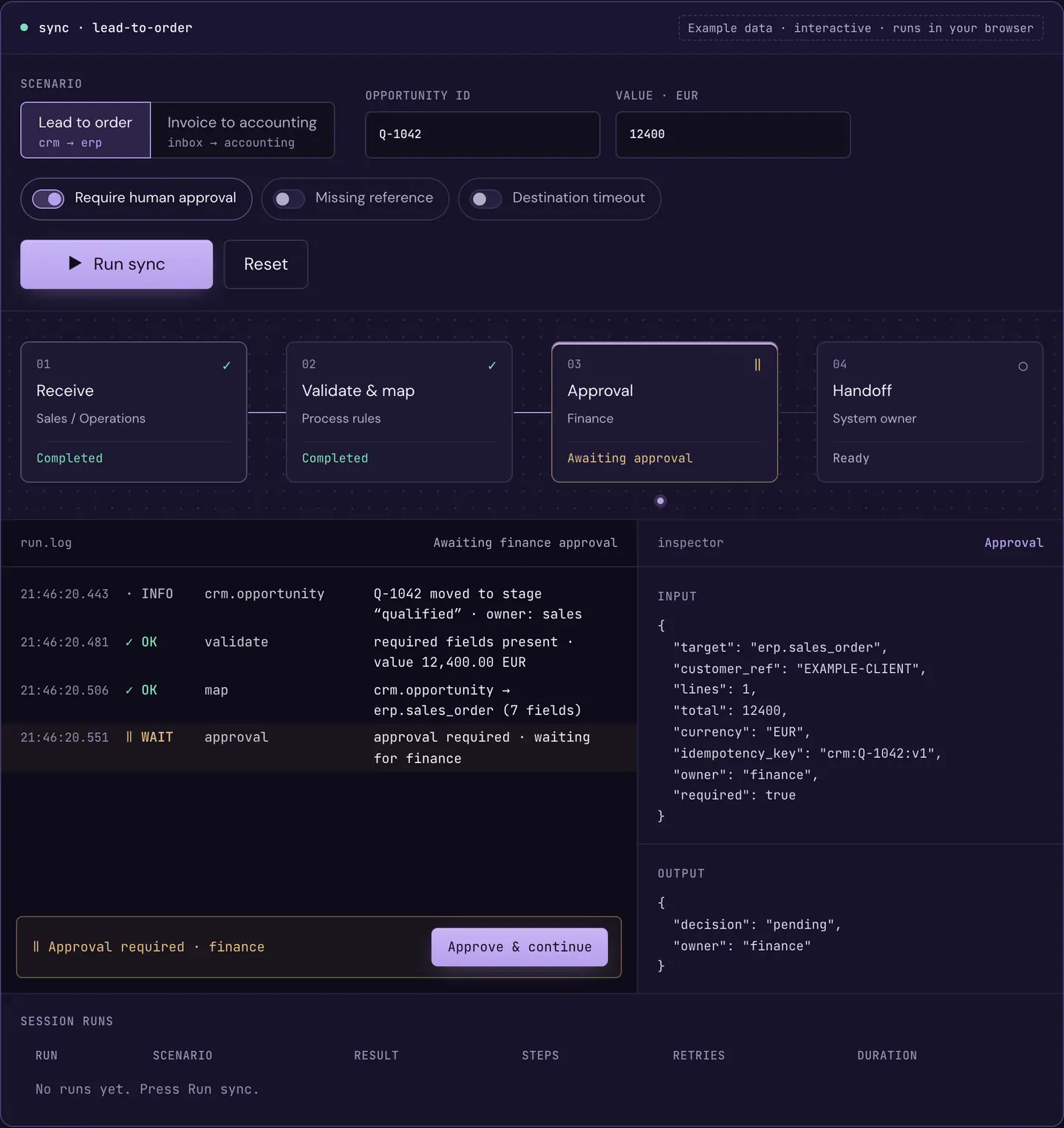 Example data: a lead-to-order run paused at finance approval, with the run log and step inspector.