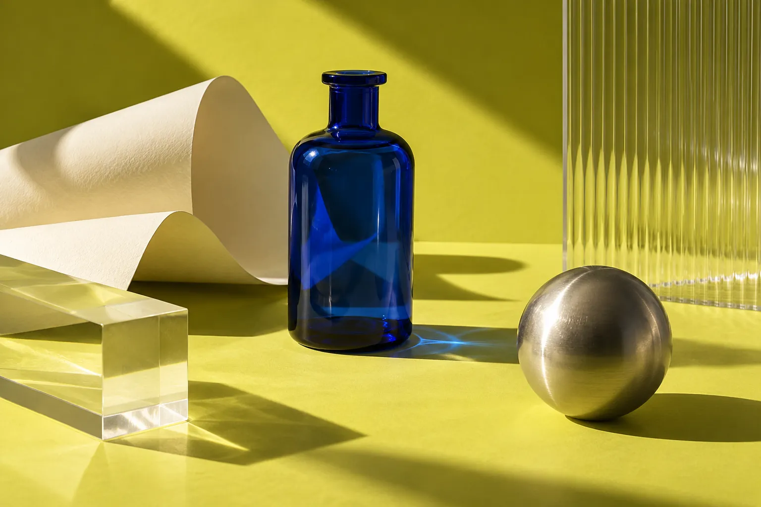 Product still life: a cobalt blue bottle, a metal sphere, paper and acrylic on a yellow-green surface