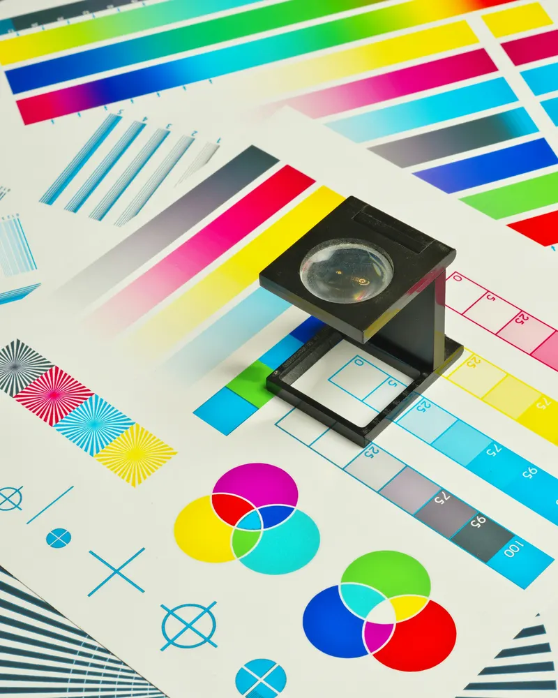 A linen tester magnifier resting on a printed colour calibration chart with CMYK bars and registration marks