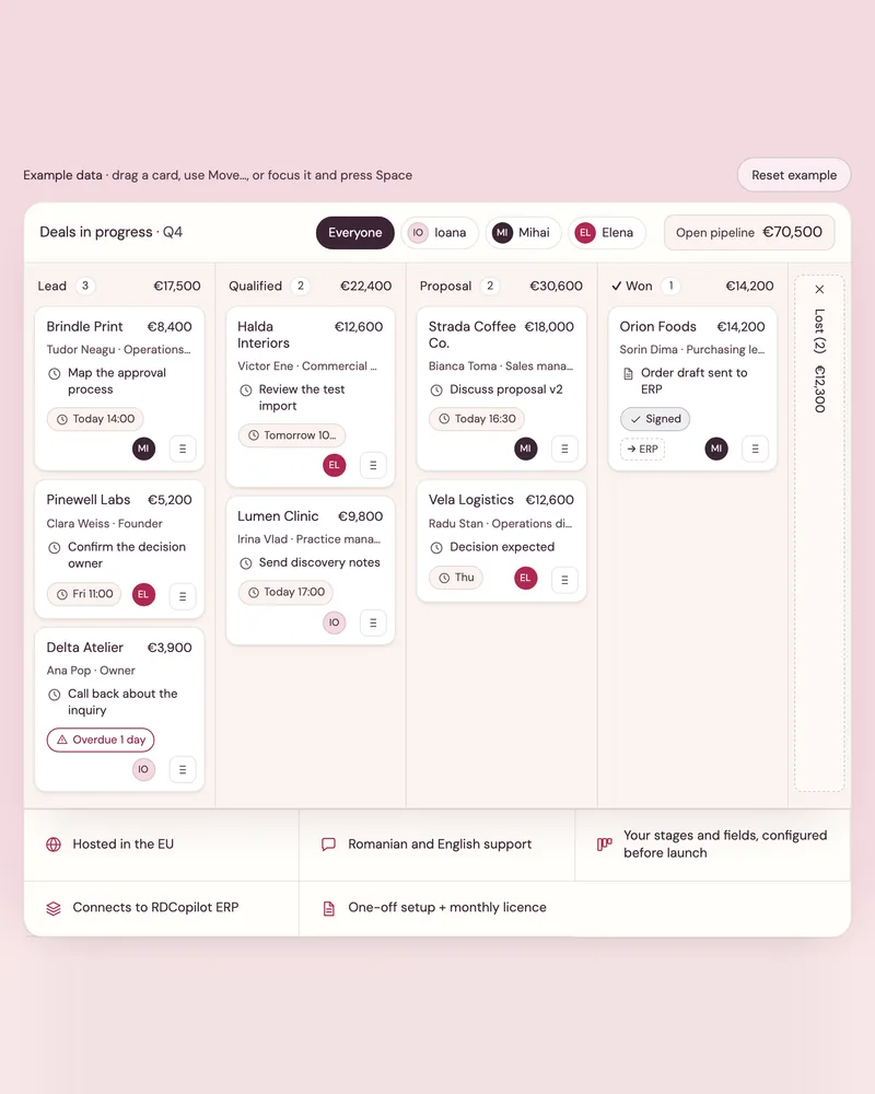 RDCopilot CRM pipeline board: opportunities by stage with owners and values (example data)