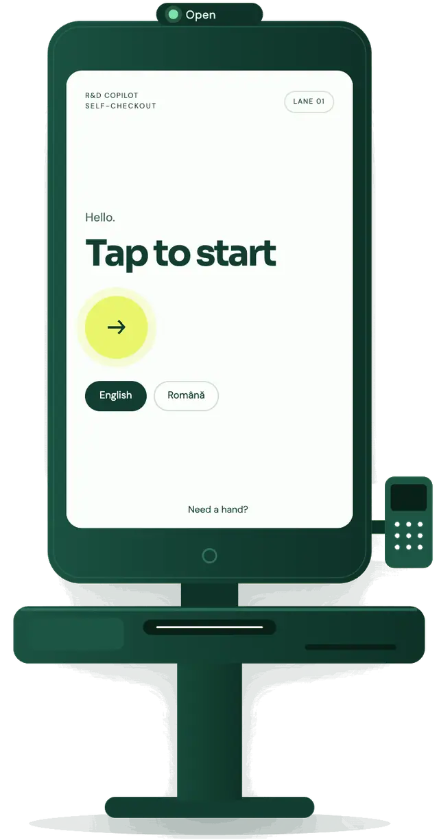 RDCopilot Self-checkout page: “Scan, pay, carry on.” and the kiosk on its welcome screen (example data)