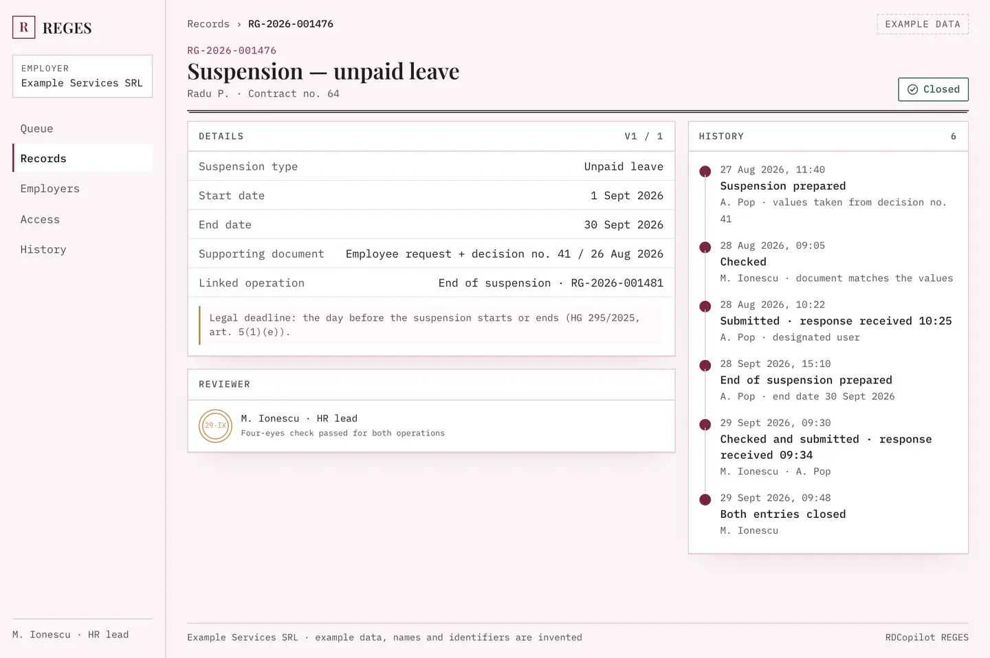 RDCopilot REGES: suspension record RG-2026-001476, unpaid leave from 1 to 30 September 2026, with the linked end of suspension, reviewer and dated history