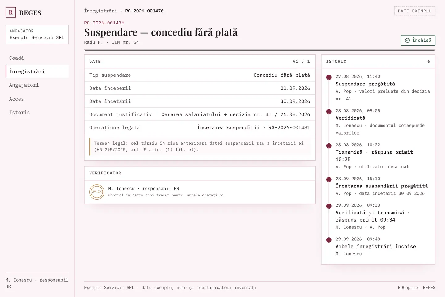 RDCopilot REGES: înregistrarea de suspendare RG-2026-001476, concediu fără plată în perioada 01–30.09.2026, cu încetarea suspendării legată, verificatorul și istoricul datat