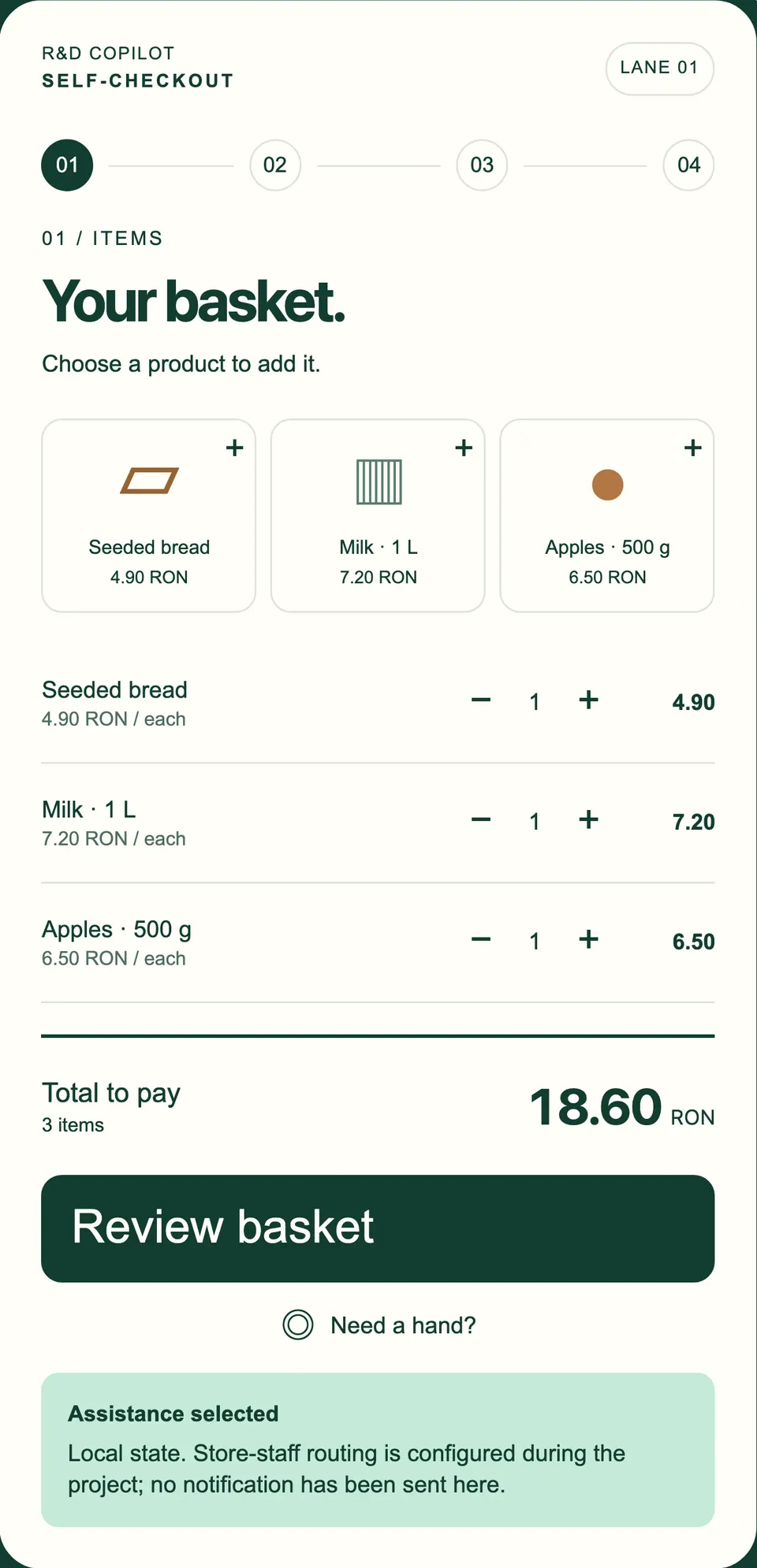 Self-checkout screen after the shopper pressed “Need a hand?”: three items in the basket, total 18.60 RON, and a note that assistance was selected. Example data.