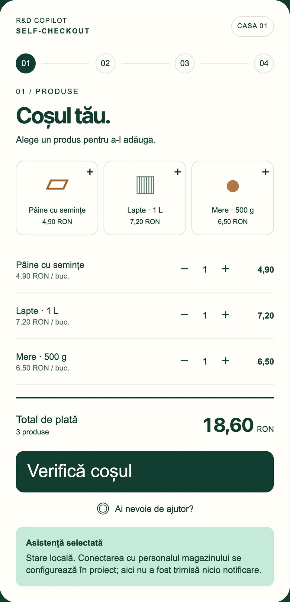 Ecranul self-checkout după ce clientul a apăsat „Ai nevoie de ajutor?”: trei produse în coș, total 18,60 RON și o notă că asistența a fost selectată. Date exemplu.