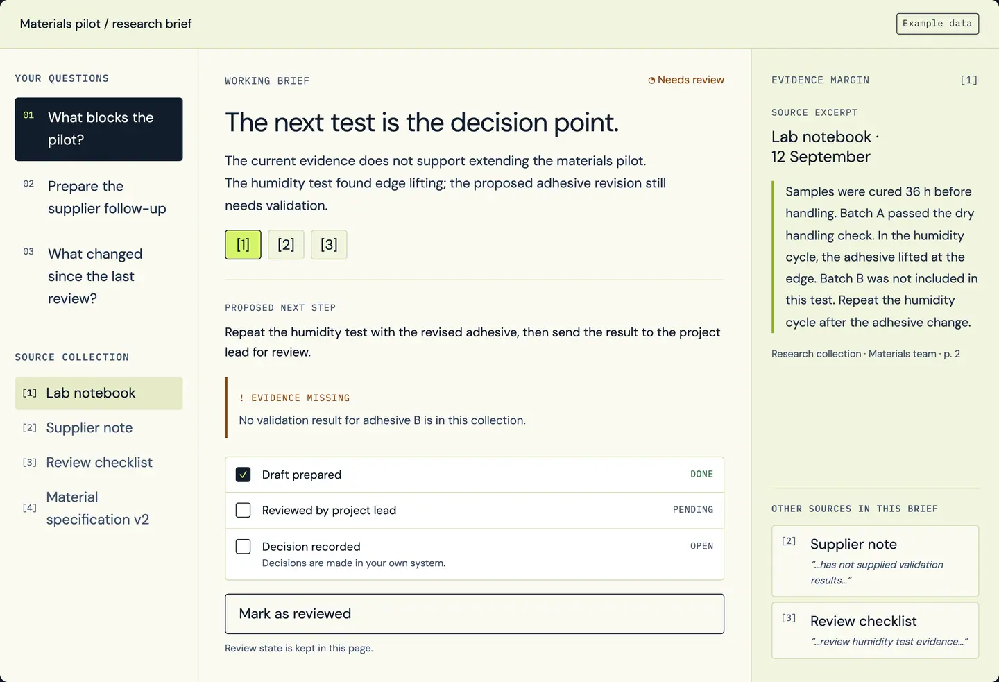RDCopilot AI Copilot research brief: the working brief, its proposed next step and the evidence margin with the cited lab notebook passage. Example data.