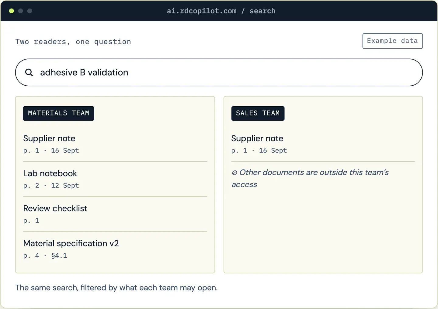 AI Copilot screen with example data
