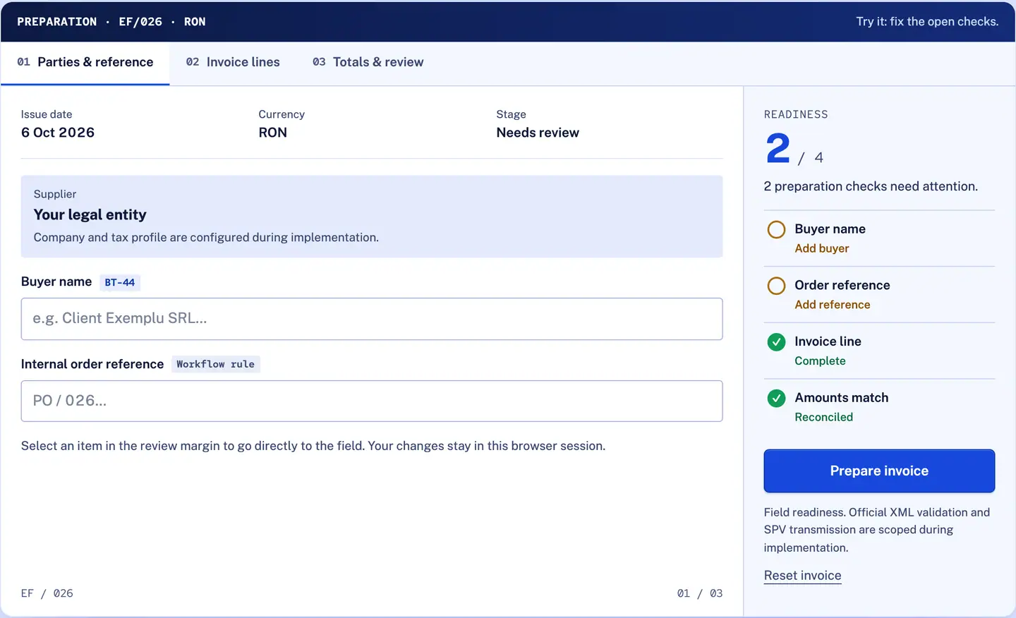 RDCopilot e-Factura preparation: an invoice with two of four readiness checks still open (buyer name and order reference) before it is prepared for submission. Example data.