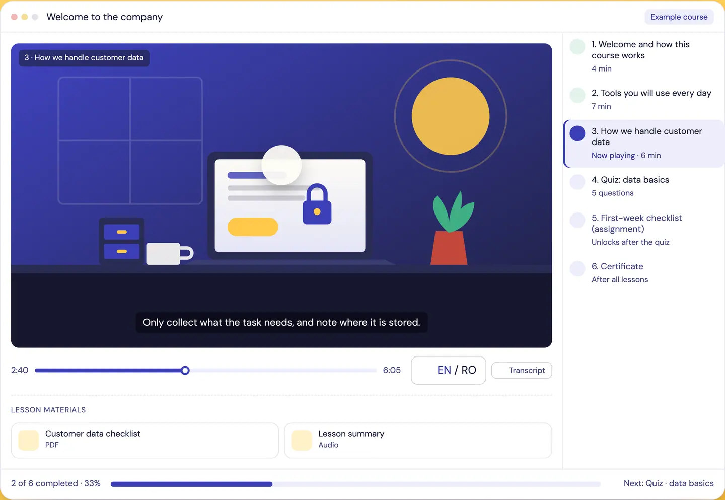 eLearning screen with example data