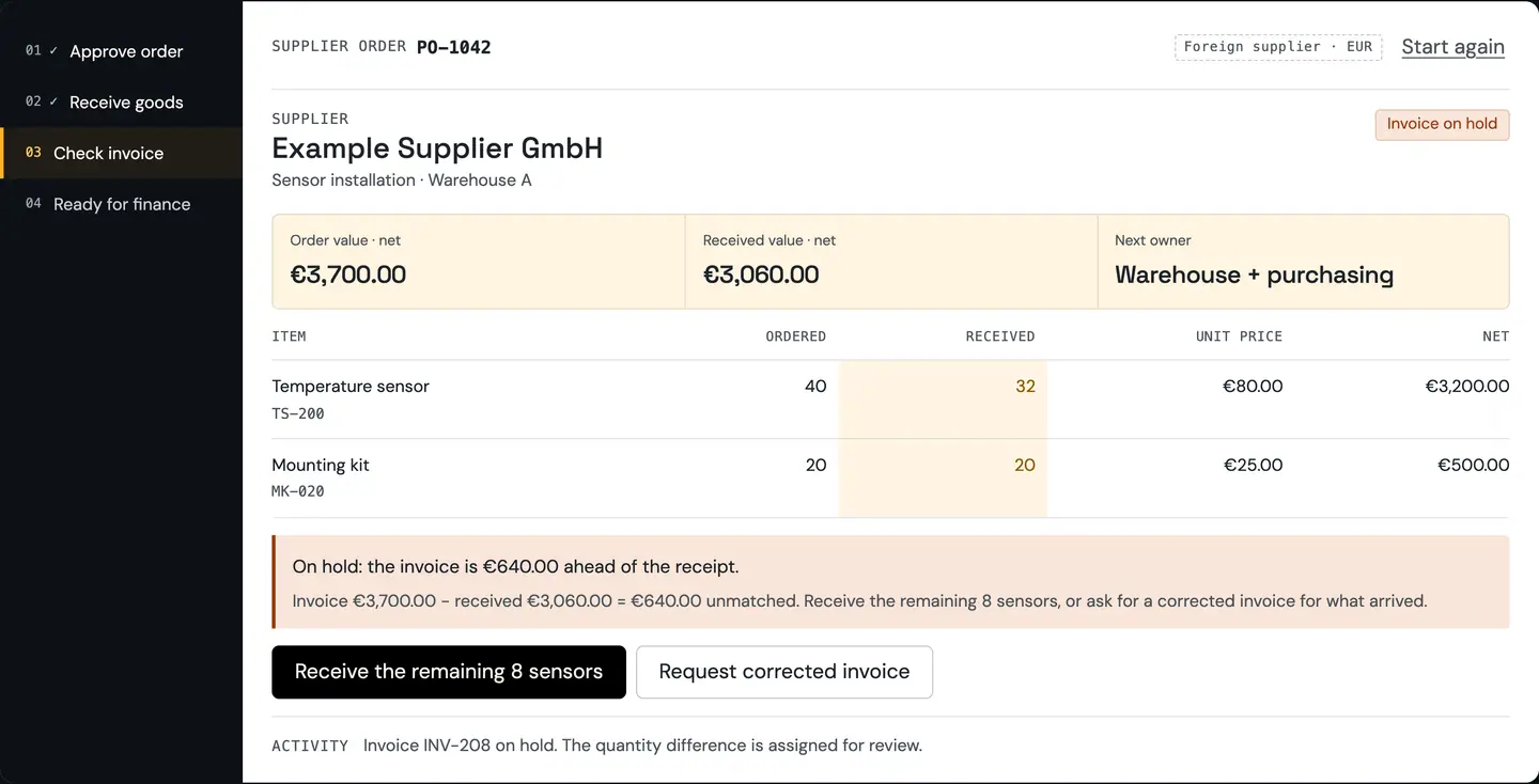 RDCopilot ERP invoice check: a supplier invoice on hold because it is ahead of the goods received, with the two ways to resolve it. Example data.