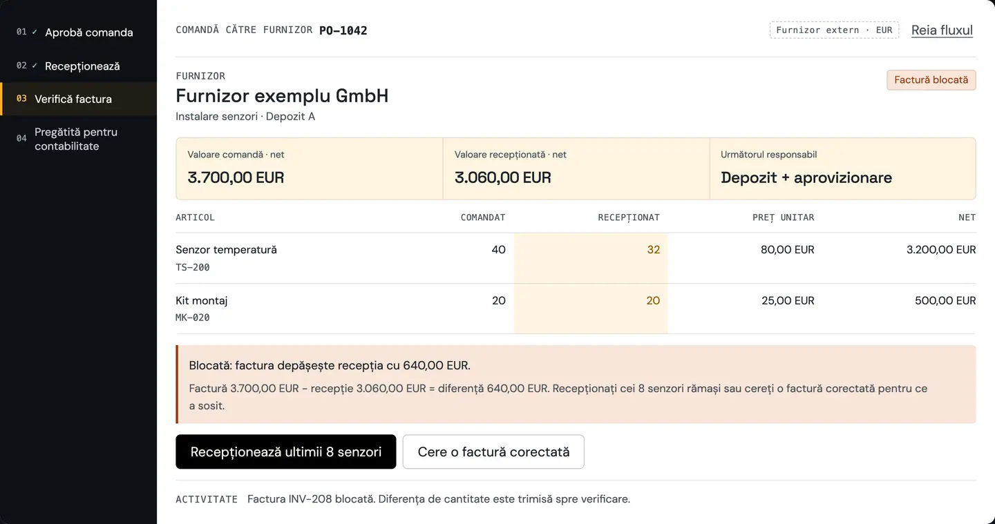 Verificarea facturii în RDCopilot ERP: o factură de furnizor blocată pentru că depășește recepția, cu cele două variante de rezolvare. Date exemplu.