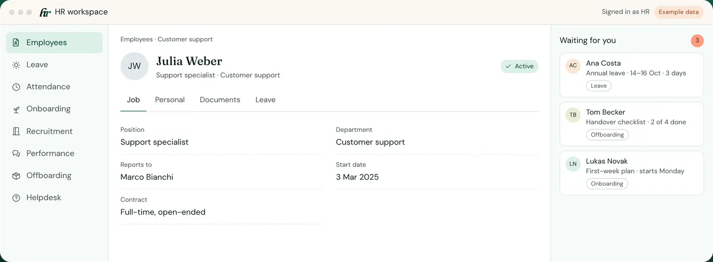 RDCopilot HR employee record with job details, and the requests waiting for HR: annual leave, an offboarding checklist and a first-week plan. Example data.