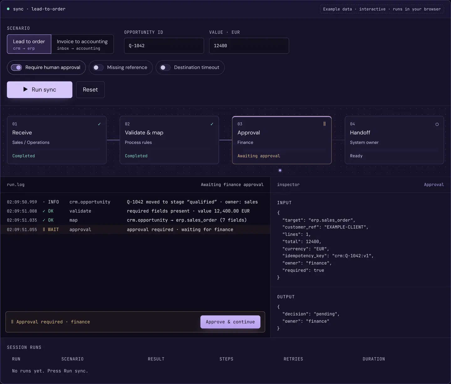 Integrations screen with example data