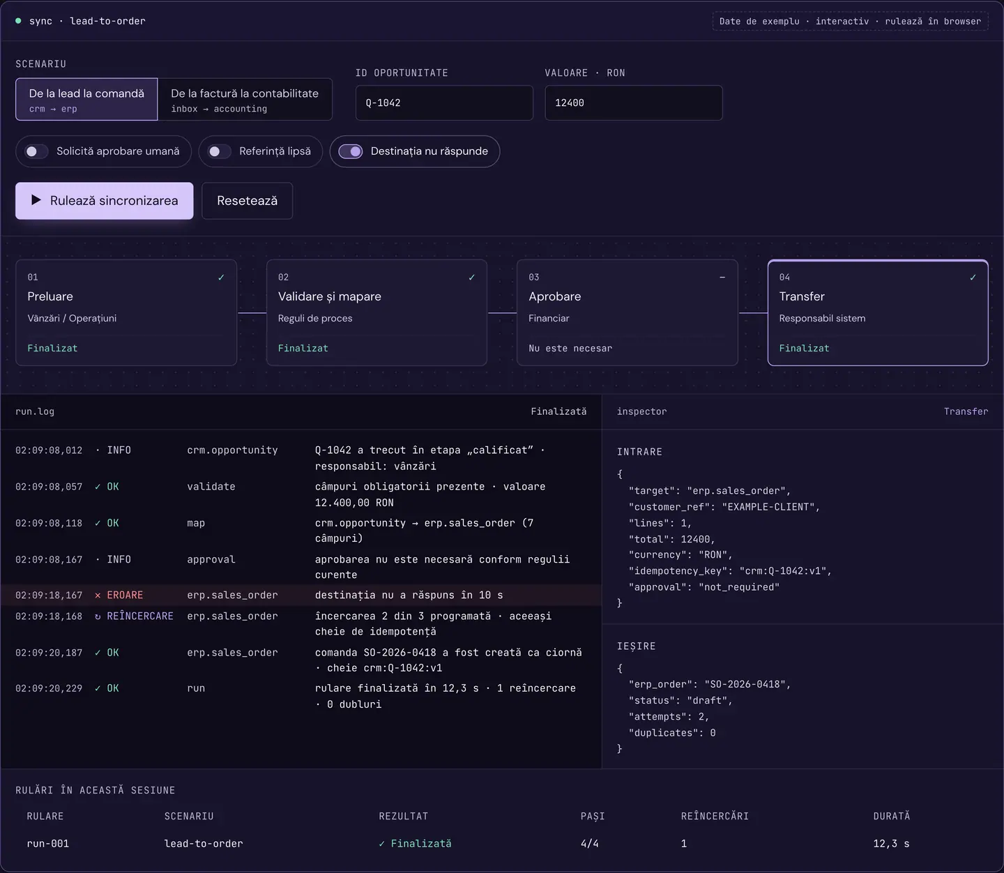 Jurnalul de rulare RDCopilot Integrări: o sincronizare de la oportunitate la comandă, din CRM în ERP, cu un timeout la destinație, reîncercarea automată și fiecare pas înregistrat în jurnal. Date exemplu.