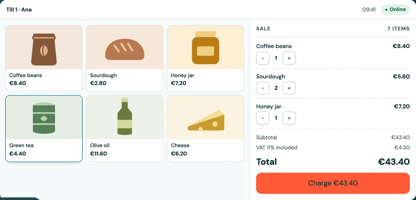 POS screen with example data