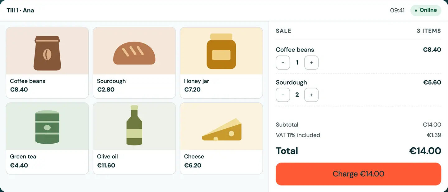 RDCopilot POS till: product tiles, the current sale and the total with VAT. Example data.