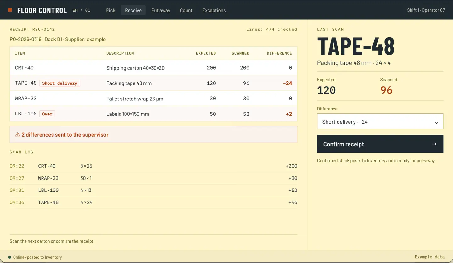 Warehouse screen with example data