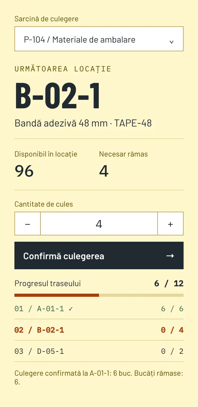 Ecran mobil de culegere: sarcina P-104, locația următoare B-02-1, bandă adezivă 48 mm, 96 disponibile, încă 4 necesare, cantitate 4, butonul Confirmă culegerea, progres 6 din 12.